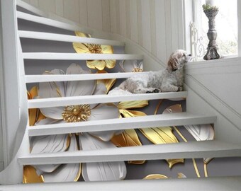 White Gold Flower Stair decoration,  Large 3d Flowers Stair risers Stickers, Floral Home Stair Decoration, Floral Gray Golden Stair Stickers