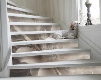 Removable beige flower stair riser stickers, huge flower stair, peel and stick stair risers, living room decals, floral accent stair decals