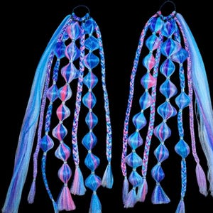 Eenhoorn (GLOW) - UV-reactieve festivalvlechten, rave-haarextensies, roze blauwpaars klatergoud, stropdas in vlechten, edm-haar, EDC-outfitaccessoires