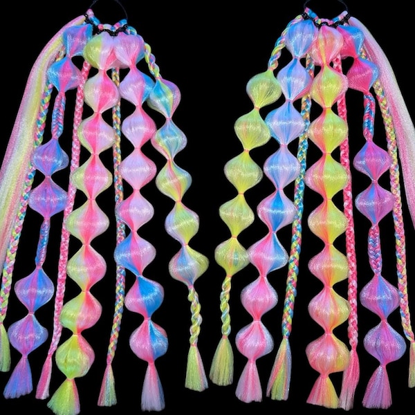 Retro (GLOW) - Pink Blue Yellow UV Reactive Festival Braids, Rave Hair Extensions, Tie In Braids, EDM Festival Hair, Edc Outfit Accessories
