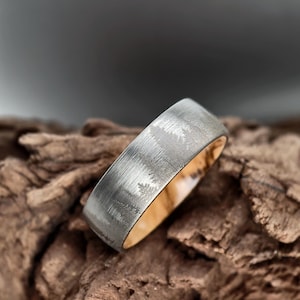 Tungsten Wedding Band: Silver Pine Tree Forest Ring, Oak Wood Inlay