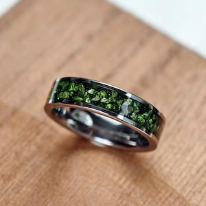 6mm Green Crystal Inlay Ring, Silver Tungsten Wedding Ring, Tungsten Band, Men&#39;s Wedding Band, Promise Ring, Engagement Ring, Gift for him