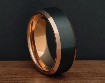 Aliança de casamento em tungstênio dourado rosê, aliança preta, anel de 8 mm, anel de tungstênio masculino, anel de noivado, anel de compromisso exclusivo, anel personalizado
