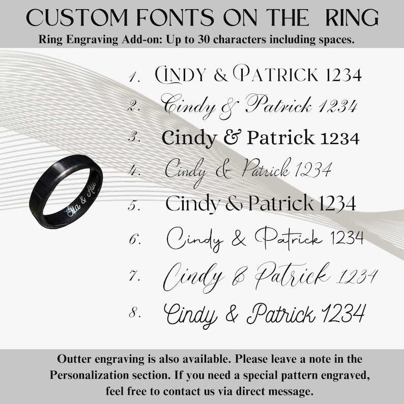 May include: A black ring with engraved text, shown with font options for customisation. The text includes names and numbers. The image also features the text "CUSTOM FONTS ON THE RING" and "Ring Engraving Add-on: Up to 30 characters including spaces."