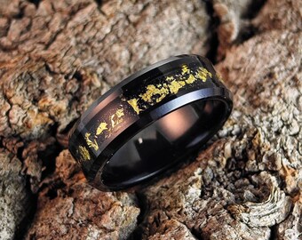 8mm Black Tungsten Mens Wedding Band with Meteorite and Gold Leaf Inlay, Beveled Edge Anniversary Ring