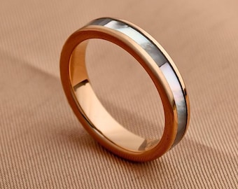 Mother of Pearl Inlay Ring, 4mm Rose Gold Tungsten Wedding Band for Women, Personalized Promise Ring, Anniversary Band, Engagement Ring