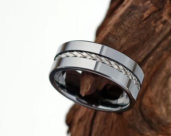 Fede nuziale da uomo, anello di fidanzamento, anello in tungsteno argento da 8 mm con scanalatura in argento intrecciata, anello in tungsteno personalizzato, fede nuziale in tungsteno