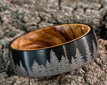 Pine Tree Tungsten Ring, Oak Wood Ring, Christmas Tree Ring ,Personalized ring Promise ring, Anniversary ring, 8mm Men ring, Engagement ring