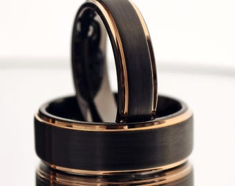 Alianza de tungsteno de oro rosa negro, alianza para hombre, alianza negra, anillo de tungsteno de 8 mm, anillo de carburo de tungsteno, alianza de aniversario