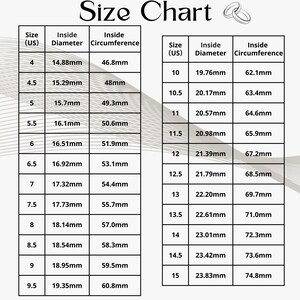 May include: A ring size chart showing US sizes from 4 to 15. It details inside diameter in mm and inside circumference in mm for each size. The title "Size Chart" is displayed at the top of the chart.