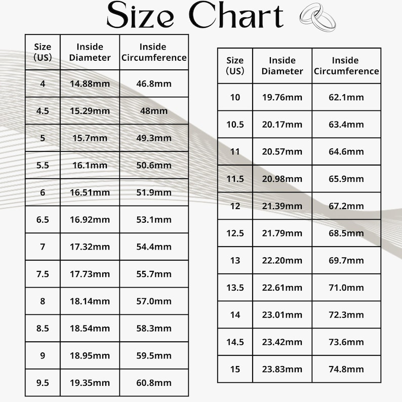 May include: A ring size chart showing US sizes from 4 to 15. It details inside diameter in mm and inside circumference in mm for each size. The title "Size Chart" is displayed at the top of the chart.
