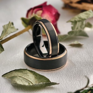 Black Tungsten Wedding Band Set: Rose Gold Inlay, Couple&#39;s Promise Rings