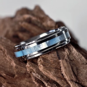Mother-of-Pearl Inlay Tungsten Ring: Silver Wedding Band