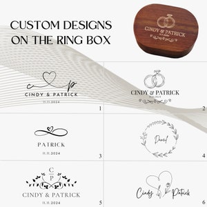 May include: A wooden ring box with a custom design featuring the names "Cindy & Patrick" and the date "11.11.2024" engraved on the lid. The image also displays various design options for the ring box.