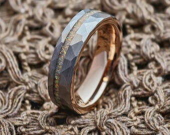 Opal Inlay Ring, Hammered Silver Tungsten Ring, Opal Wedding Band, 6mm Ring, Unique Engagement Ring, Anniversary Gift, Couple Promise Ring