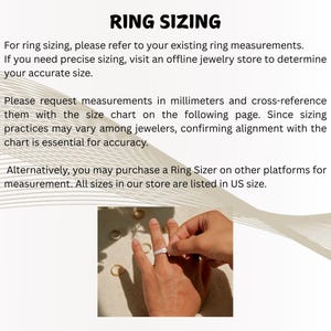 May include: Image with text "RING SIZING" and instructions for ring sizing. The image shows a hand with a ring on a finger, surrounded by other rings. The text advises using existing ring measurements or visiting a jeweller for precise sizing.
