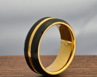 8mm Black Gold Tungsten Ring, Brushed Black Tungsten Wedding Band for Men, Gold Stripe Tungsten Carbide Ring, men’s wedding band, Mens ring