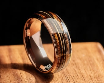 Guitar String Whiskey Barrel Ring, Personalized Tungsten Ring, Mens Wedding Band, Rose gold band, Gift for him, 8mm Ring, Wood Inlay Band