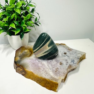 Elegant Green Polychrome Jasper Freeform with Striking White Patterns | Unique Collector’s Stone | Approx. Weight 0.4 lb