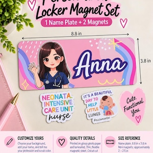 Personalized Cartoon Locker Magnet Set | Custom Name + 2 Mini Magnets (Handmade)
