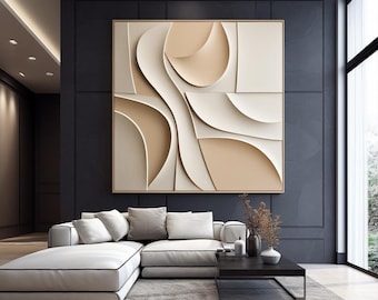 Large 3D Wooden Wall Sculpture: Beige & White Abstract Art