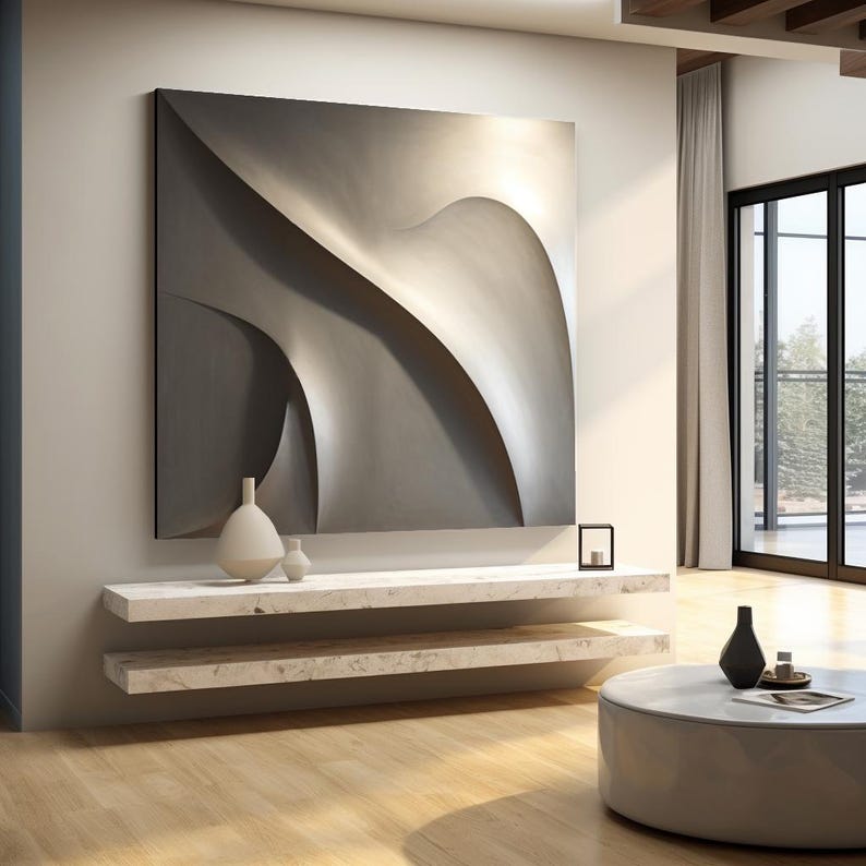 Grey Wooden 3D Wall Sculpture: Large Minimalist Art image 2