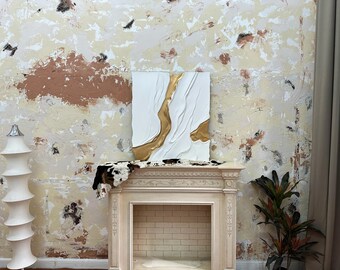 Vit och guld träskulptur: Minimalistisk 3D-väggkonst