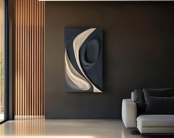 Black & Beige Wooden Wall Sculpture: Large 3D Abstract Art