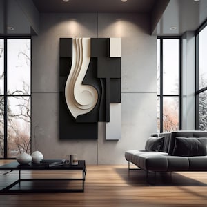 Black And Beige Wooden sculpture, Large 3D Vision Wall Art, Timeless Design, Wooden Wall Decor, Minimalist art piece, Contemporary wall art