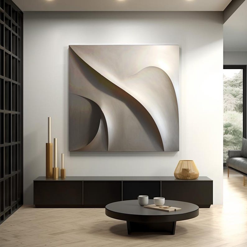 Grey Wooden 3D Wall Sculpture: Large Minimalist Art image 4