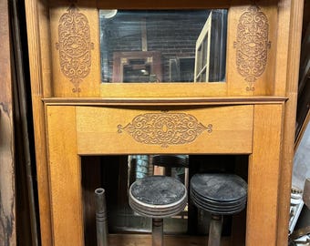 Antique Oak Fireplace Mantel with Carved Detail & Mirror – 81” x 65”