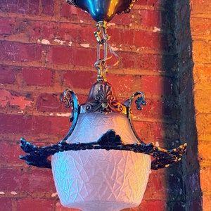 Original Antique 1920s Light Fixture with Crackle Glass Shade