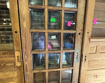 Antique Vintage 39” X 83 15 Lite Pine Door w/ Beveled Glass Shipping Is Not Free