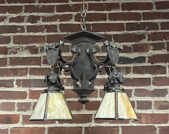 Original Antique 1910s Arts & Crafts Shield Chandelier w/ Slag Glass Shades