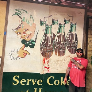 Original Antique 1950s 10’ Coca Cola Sprite Boy Metal Sign
