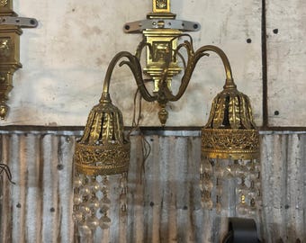 Antique Vintage Brass Double Arm Wall Sconce with Crystal Drops Each Sold Separately -Shipping Is Not Free-