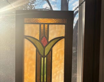 Antique Vintage Stained Glass Style Window Panel – Floral Design – 15” x 9” Shipping Is Not Free