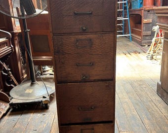 Antique Oak Vertical Filing Cabinet – 4 Drawer. ** Shipping is not Free **. Sold as found