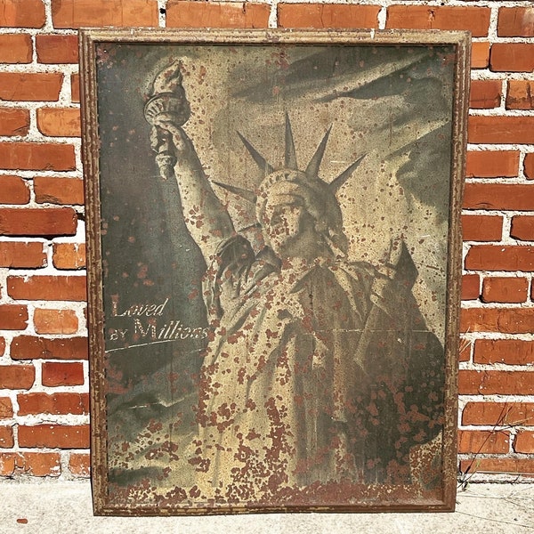 Original Antique 1942 Schlitz Beer Statue Of Liberty Metal Sign