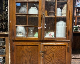 Antique Vintage Oak Glass Door Cabinet – Rustic Display Hutch with Storage -Shipping Is Not Free