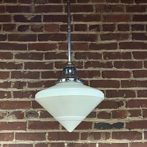 Original Antique 1930s Art Deco Milk Glass Pendant Ligh w/ Chrome Drop Rod