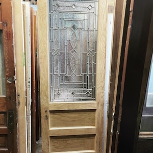 Original Antique 32” X 90” Leaded & Beveled Glass Stripped Oak Door