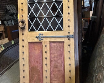 Vintage Church Oak Door with Leaded Glass with copper & Iron Hardware–83” x 36”