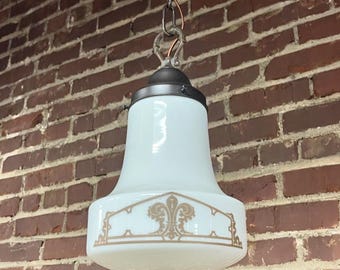 Antique Vintage 1930s Stenciled Milk Glass Pendant Light Fixture -Shipping Is Not Free