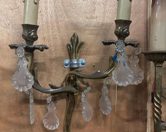 Antique Vintage Brass Double Arm Wall Sconce with Crystal Drops Shipping Is Not Free