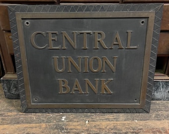 Original Antique 1930s Central Union Bank Brass Plaque Sign, Hulman Building Evansville,IN