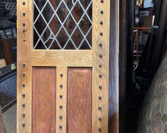 Vintage Church Oak Door with Leaded Glass with copper & Iron Hardware–83” x 36”