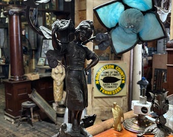 Art Nouveau Figural Lamp with Blue Flower Shades
