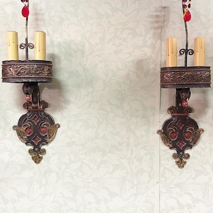 Original Antique Pair of 1920s Arts & Crafts Sconces w/ Original Polychrome Finish
