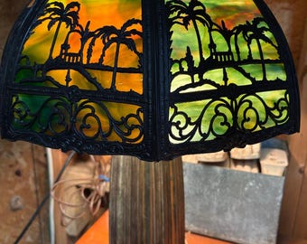 Vintage Slag Glass Table Lamp – Scenic Palm Tree Design